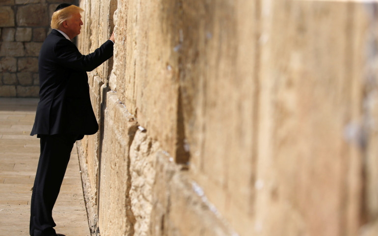 U.S. President Donald Trump places a note in the Western Wall in Jerusalem May 22. (CNS/Jonathan Ernst, Reuters)