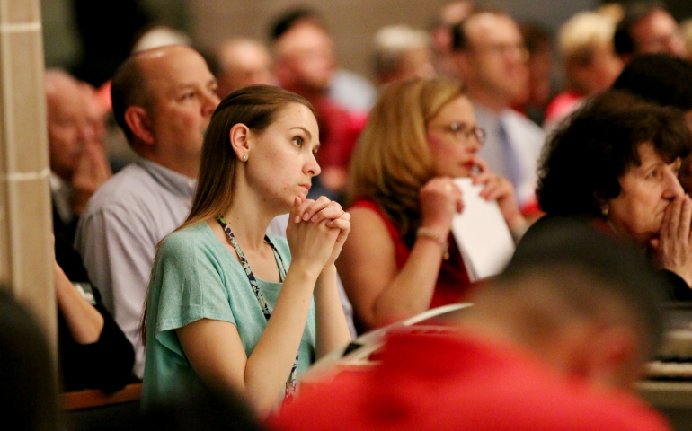 Members of the Detroit archdiocesan synod and others pray during Mass on the vigil of Pentecost June 3 at the Cathedral of the Most Blessed Sacrament in Detroit. (CNS/Archdiocese of Detroit/Jonathan Francis)