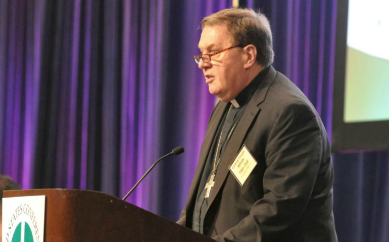Cardinal Joseph Tobin of Newark, N.J., speaks June 14 of the opening day of the U.S. Conference of Catholic Bishops' annual spring assembly in Indianapolis. (CNS/Sean Gallagher, The Criterion)