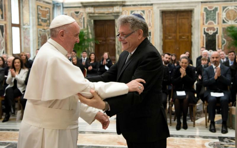 Pope Francis greets Rabbi Abraham Skorka during a meeting with an interreligious group of scholars at the Vatican Feb. 23. (CNS/L'Osservatore Romano)