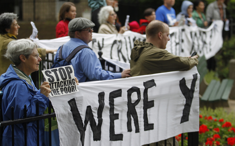 Protesters gather outside Georgetown University as Rep. Paul Ryan speaks in 2012 at the campus. Several violent incidents involving controversial speakers at universities this year prompted the Senate Judiciary Committee to have a hearing in June on free speech on college campuses. (CNS/Bob Roller)