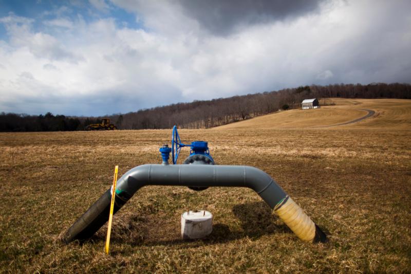 A gas pipeline juts from the ground at a farm near Dimock, Pa., in this 2012 file photo. Atlantic Sunrise is proposing to run a similar pipeline for natural gas through property owned by the Adorers of the Blood of Christ religious congregation in Columbia, Pa. (CNS/Jim Lo Scalzo, EPA)