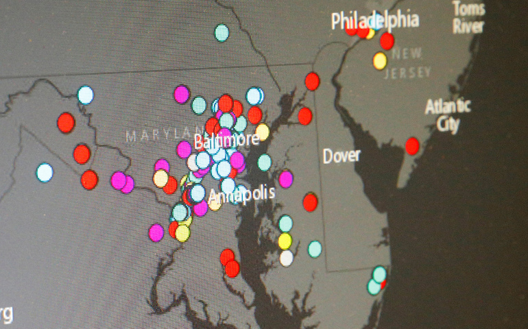 An opioid Overdose Detection Mapping Application Program is seen July 19 at a conference in Arlington, Mass. The application maps various types of opioid overdose responses entered by first responders and is being used by the police department there. (CNS/Brian Snyder, Reuters) 