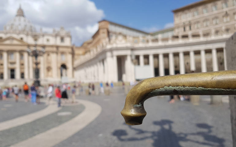 A dry water spigot is seen in St. Peter's Square July 25. Rome is considering water-rationing plans in the midst of a drought. (CNS photo/Junno Arocho Esteves)