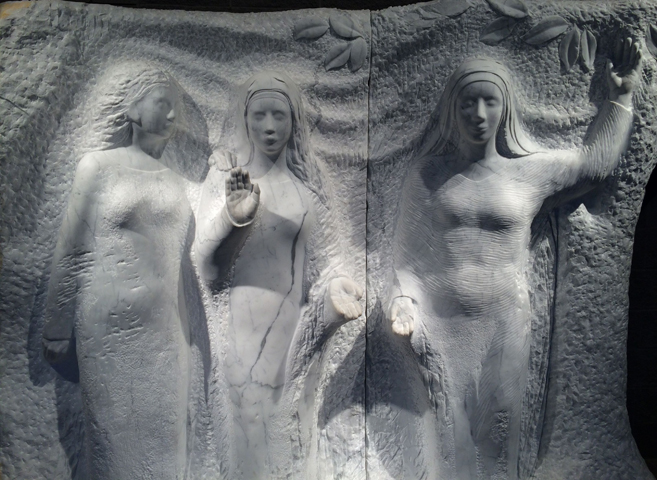 (Left to right) Mary, wife of Clopas*, Mary of Magdala, and Mary of Nazareth. Carrara marble sculpture created by Mary Jo Anderson of Portland, Oregon. (NCR/Christine Schenk)