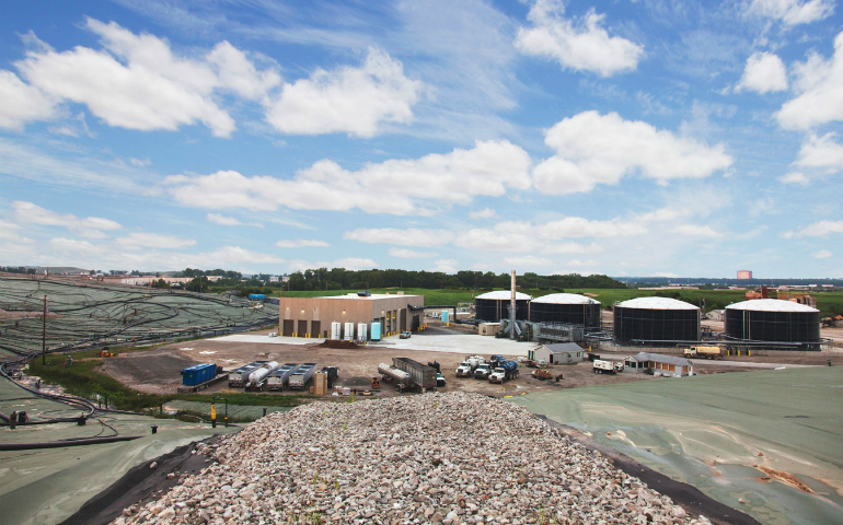 View from Bridgeton Landfill's North Quarry of the on-site pretreatment plant and four 1-million-gallon treatment tanks. This liquids-management system treats more than 1 million gallons of liquids each week before direct discharge to the Metropolitan St. Louis Sewer District for additional treatment. (courtesy of Bridgeton Landfill LLC)