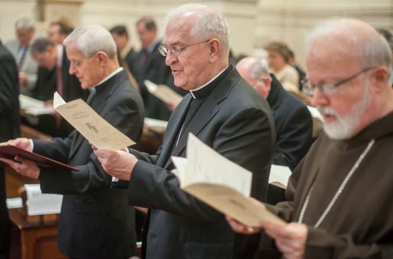 From left to right: Washington Cardinal Donald Wuerl, Louisville, Ky., Archbishop Joseph Kurtz, and Boston Cardinal Seán O'Malley are seen at the "wave of prayer" event at Catholic University Dec. 10. (Photo courtesy of Ed Pfueller, The Catholic University of America)