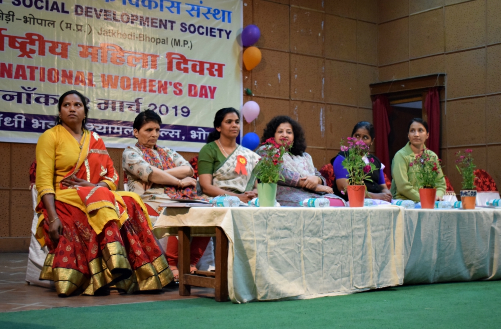 Holy Spirit Sr. Lizy Thomas (third from left) shares the stage with other women at an International Women's Day celebration in Bhopal, central India. (Saji Thomas)