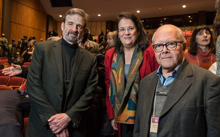 Roberto Goizueta, Boston College professor of theology, Nancy Pineda-Madrid, Boston College associate professor of theology and ministry, and Jesuit Fr. Juan Carlos Scannone, professor emeritus, Jesuit Seminary of San Miguel in Argentina. (Lee Pellegrini/Boston College)