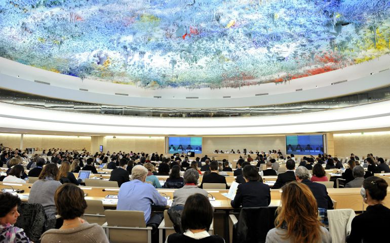 This 2010 photograph shows the U.N. Human Rights Council Chamber in Geneva, Switzerland. The original Commission on Human Rights was renamed Human Rights Council in 2006. (United Nations)