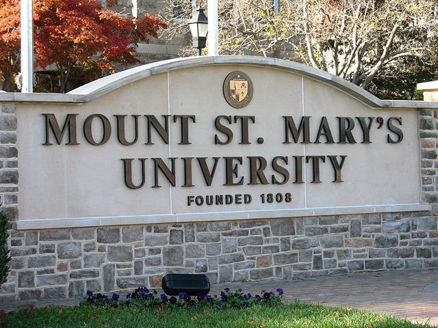 The entrance sign to Mount St. Mary’s University in Maryland. (Photo courtesy Guoguo12 via Wikimedia Commons)
