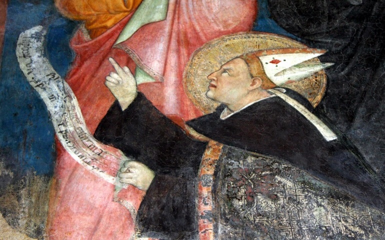 In the Church of San Marco in Milan, St. Augustine is seen in a detail from a 14th-century fresco of the Crucifixion. (Wikimedia Commons/Giovanni Dall'Orto)