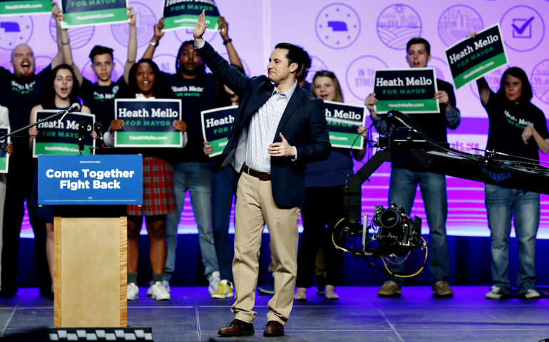 Omaha Democratic mayoral candidate Heath Mello waves to supporters after speaking at a rally April 20 in Omaha, Nebraska. (AP Photo/Charlie Neibergall)