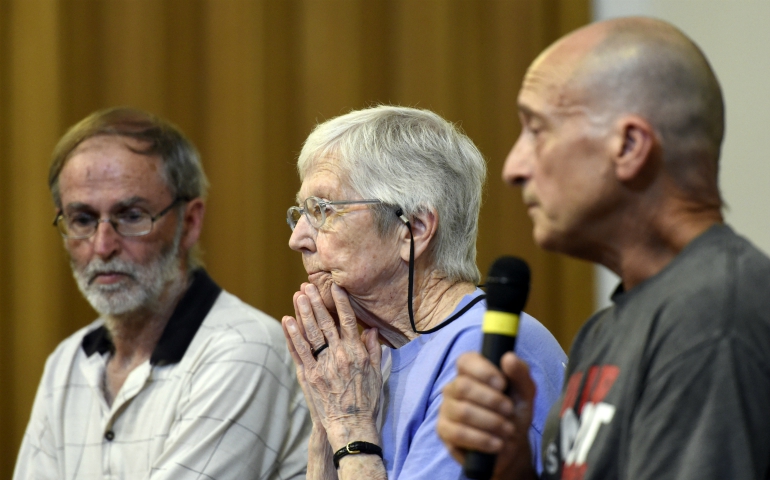 Greg Boertje-Obed, Sr. Megan Rice and Michael Walli speak to a gathering hosted by the Oak Ridge Environmental Peace Alliance at Church of the Savior Aug. 7, 2015, in Knoxville, Tennessee. (AP photo/Knoxville News Sentinel/Adam Lau)