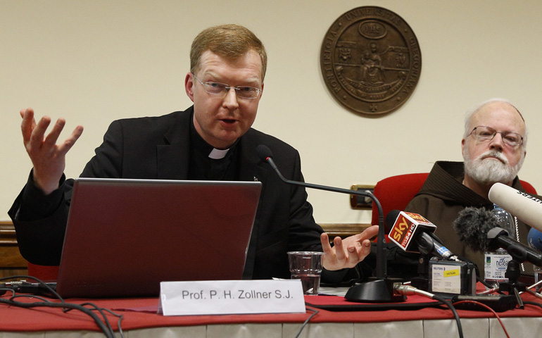 Jesuit Fr. Hans Zollner, left, and Cardinal Sean O'Malley at a news conference Monday launching the Center for Child Protection at the Pontifical Gregorian University in Rome. (CNS/Paul Haring)