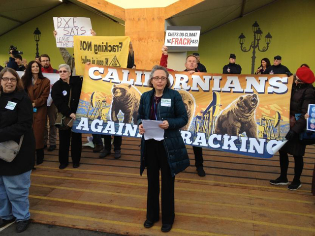 Mercy Sr. Áine O'Conner, coordinator of Mercy Global Action at the United Nations, spoke at a demonstration against fracking. (Elise D. O'Connor)