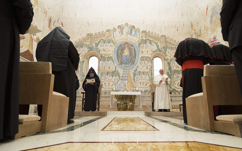 Pope Francis prays with Catholicos Karekin II of Etchmiadzin, patriarch of the Armenian Apostolic Church, during a prayer service Thursday at the Vatican. (CNS/Reuters/L'Osservatore Romano)