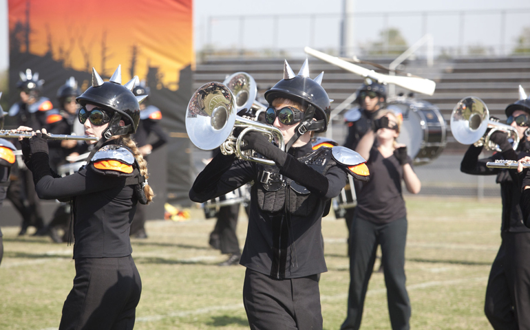 Catherine Weiss, left, and Matthew Schott take part during the Father Ryan High School Marching Band's recent competition in late September in Nashville, Tenn. (CNS/Tennessee Register/Rick Musacchio)