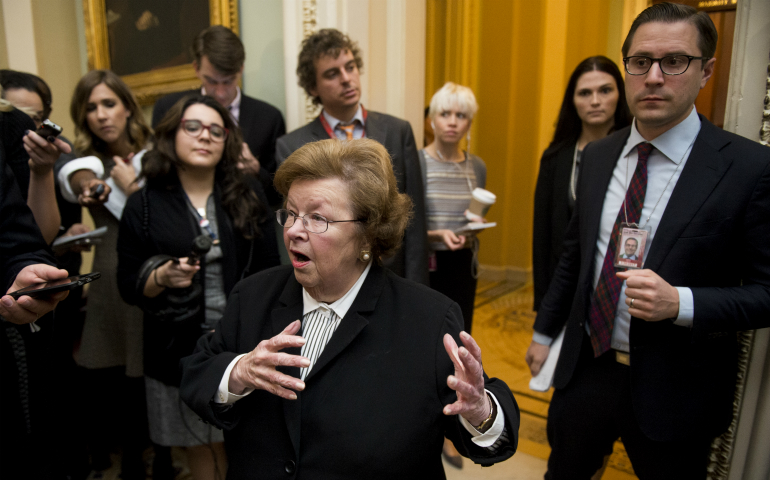 Sen. Barbara Mikulski, D-Md., speaks with reporters in the Ohio Clock Corridor in the Capitol Nov. 16, 2016. (Newscom/CQ Roll Call/Bill Clark)