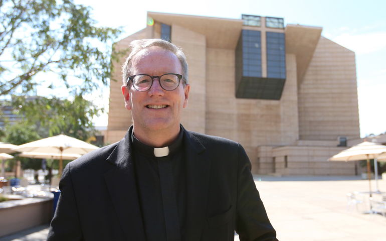 Father Robert Barron poses Monday in front of the Cathedral of Our Lady of the Angels in Los Angeles. (CNS/The Tidings/J.D. Long-Garcia)