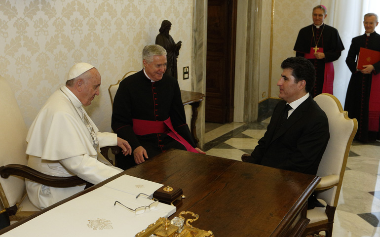 Pope Francis meets Prime Minister Nechirvan Barzani of the Kurdistan Regional Government of Iraq during a private audience Monday at the Vatican. (CNS/Paul Haring)