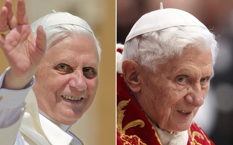 Pope Benedict XVI is shown in side-by-side images from 2005 and 2013. At left is the pope in a photo taken May 4, 2005, about two weeks after his election. At right is an image taken Feb. 6 at the Vatican. (CNS/Nancy Phelan Wiechec and Paul Haring)