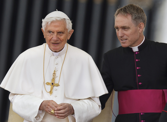 Pope Benedict XVI and his personal secretary, then-Msgr. Georg Ganswein, at the pope's Sept. 12, 2012, general audience in St. Peter's Square at the Vatican. (CNS/Paul Haring)