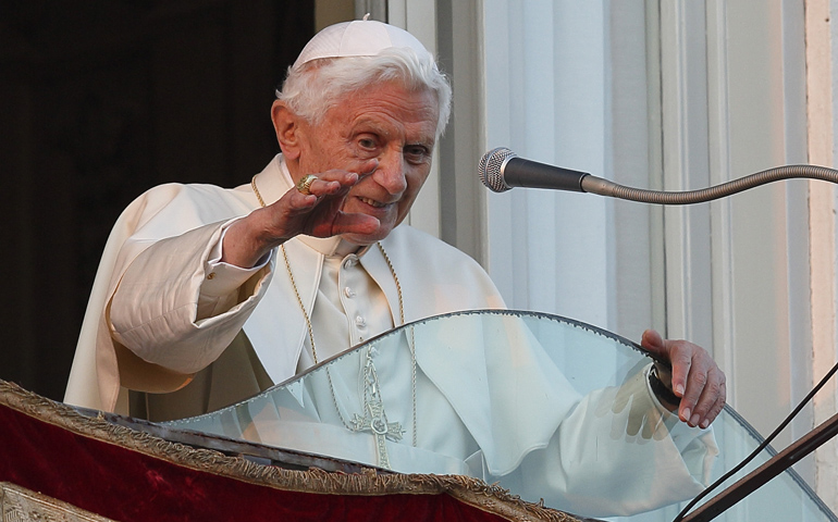 Pope Benedict XVI waves goodbye for the last time during his final public appearance from the balcony of the papal villa Feb. 28, 2013, in Castel Gandolfo, Italy. (CNS/Paul Haring) 