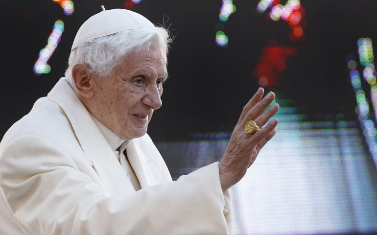 Pope Benedict XVI waves as he arrives to lead his final general audience Feb. 27, 2013, in St. Peter's Square at the Vatican. (CNS/Paul Haring)