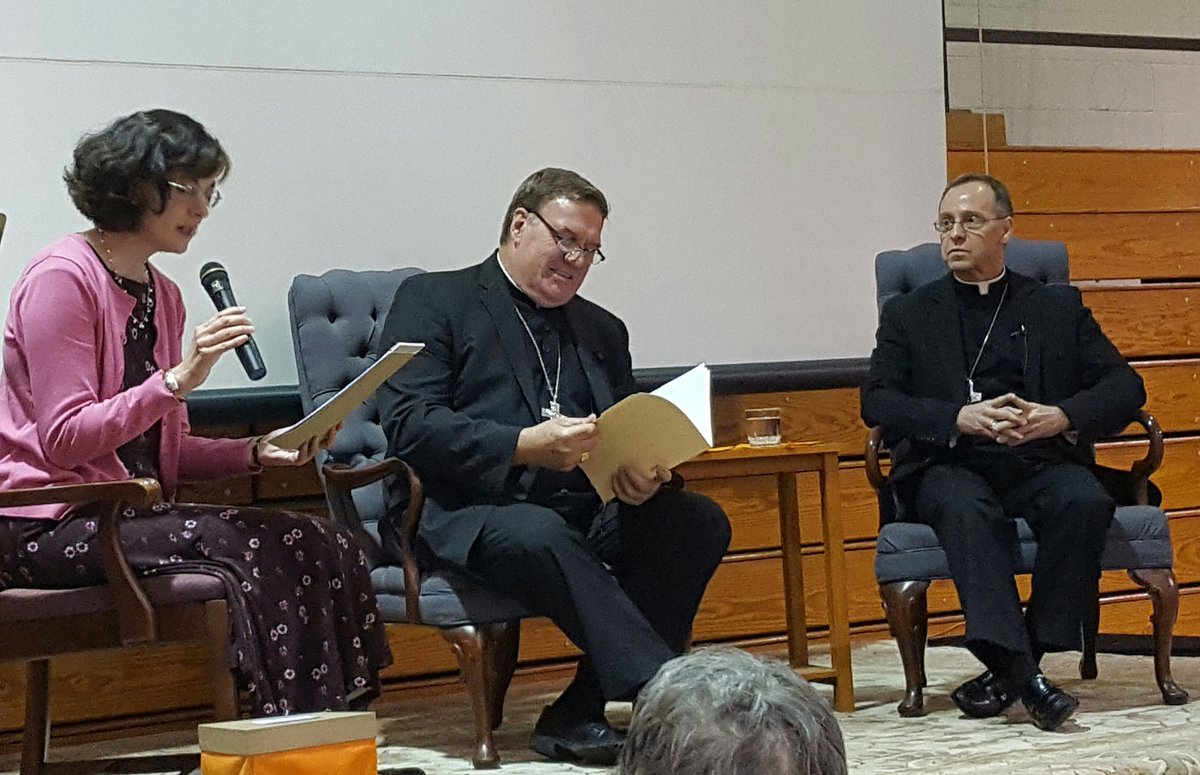 Dr. Kimberly Baker of St. Meinrad Seminary moderates the conversation with Archbishop Joseph Tobin, CSsrR, of Indianpolis (center) and Bishop Charles Thompson of Evansville, Indiana (right).