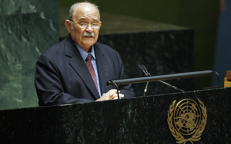 Fr. Miguel d'Escoto Brockmann addresses the U.N. General Assembly in June 2008 in New York following his election as head of the assembly the same day. (CNS/Paulo Filgueiras, courtesy of United Nations) 