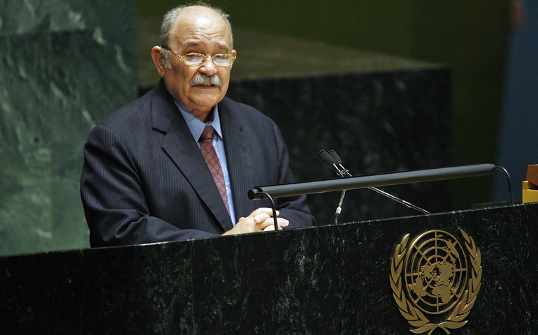 Fr. Miguel d'Escoto Brockmann addresses the U.N. General Assembly in June 2008 in New York following his election as head of the assembly the same day. (CNS/Paulo Filgueiras, courtesy of United Nations)