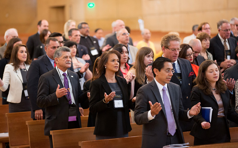 Members of the Catholic Association of Latino Leaders gather for Mass Aug. 22 at the start of their annual meeting in Los Angeles. (CNS/ Vida Nueva/Victor Aleman)