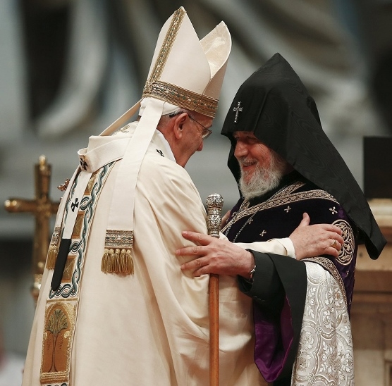 Pope Francis embraces Catholicos Karekin II, patriarch of the Armenian Apostolic Church, during a 2015 Mass in St. Peter's Basilica at the Vatican to mark the 100th anniversary of the Armenian genocide. (CNS photo/Tony Gentile, Reuters)
