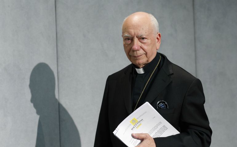 Cardinal Francesco Coccopalmerio, president of the Pontifical Council for Legislative Texts, arrives for a Vatican press conference in this Sept. 8, 2015, file photo. Cardinal Coccopalmerio has written a book on Pope Francis' apostolic exhortation, "Amoris Laetitia." (CNS photo/Paul Haring)