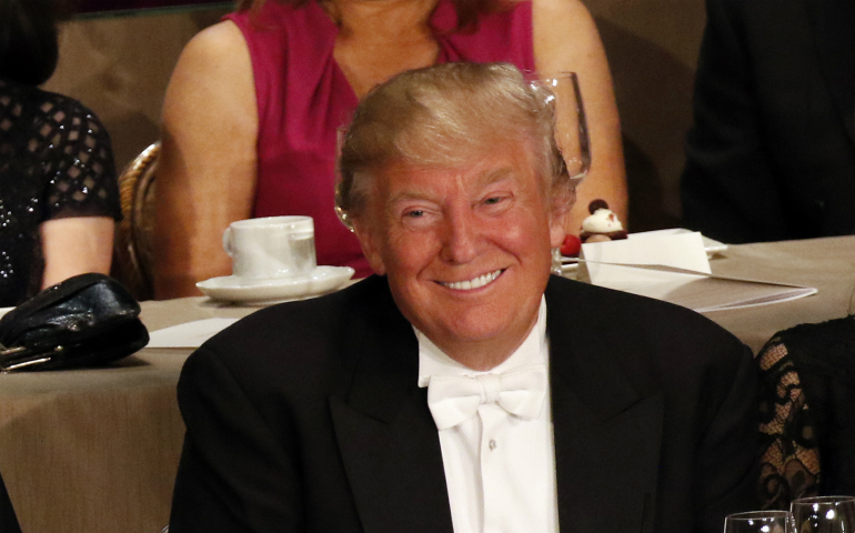 Donald Trump smiles during the 71st annual Alfred E. Smith Memorial Foundation Dinner at the Waldorf Astoria hotel in New York City Oct. 20. (CNS photo/Gregory A. Shemitz) 