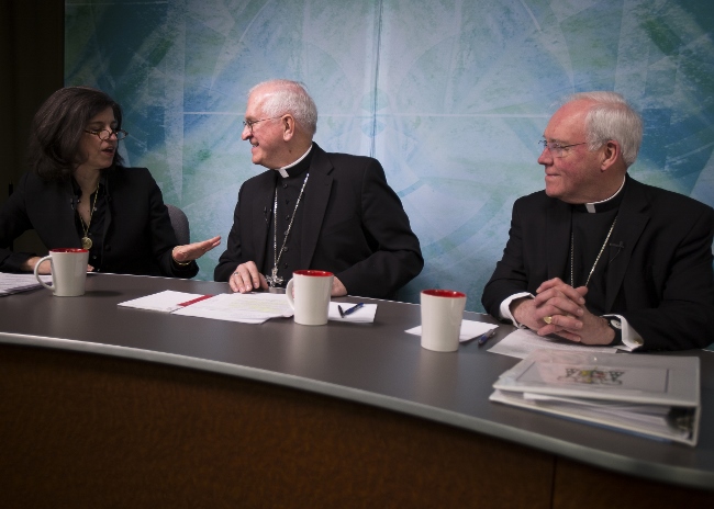 Archbishop Joseph E. Kurtz of Louisville, Ky., center, Bishop Richard J. Malone of Buffalo, N.Y., and law professor Helen Alvare from George Mason University are seen April 8 in Washington prior to the start of a discussion about "Amoris Laetitia." (CNS photo/Tyler Orsburn)