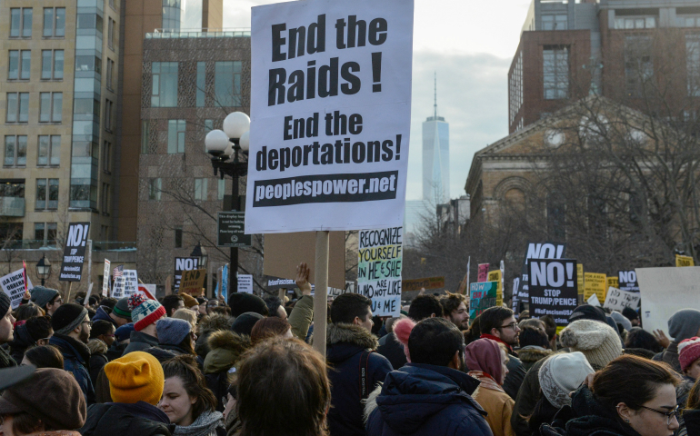 People participate in a Feb. 11 protest against U.S. President Donald Trump's immigration policy and the recent Immigration and Customs Enforcement raids in New York City. (CNS photo/Stephanie Keith, Reuters)