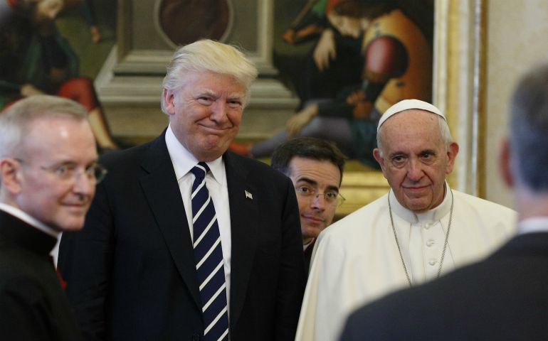 Pope Francis is seen with U.S. President Donald Trump as the president introduces members of his delegation during a private audience at the Vatican May 24. (CNS photo/Paul Haring)