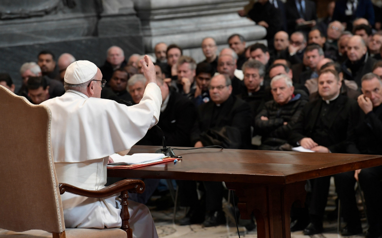 Pope Francis addresses priests of the Diocese of Rome during a meeting at the Basilica of St. John Lateran in Rome March 2. (CNS photo/L'Osservatore Romano, handout)