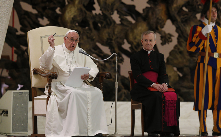 Pope Francis speaks during an audience with the heads of women's religious orders in Paul VI hall at the Vatican May 12. (CNS/Paul Haring)