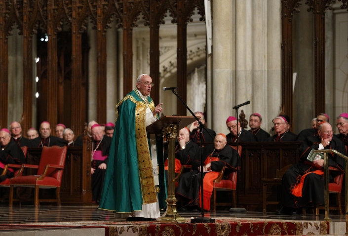 Pope Francis celebrates vespers with priests, men and women religious in St. Patrick's Cathedral in New York Sept. 24. (CNS photo/Paul Haring)