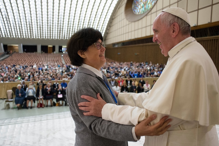 Pope Francis greets Sr. Carmen Sammut, president of the International Union of Superiors General, during an audience with the heads of women's religious orders in Paul VI hall at the Vatican May 12. (CNS photo / L'Osservatore Romano)