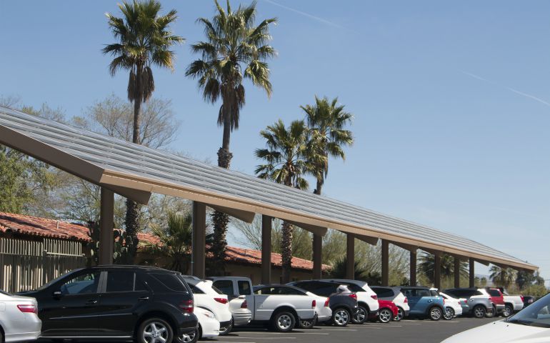 Solar panels reside on a parking canopy at the Carmelite residence near Salpointe High School in Tucson, Ariz. (CNS photo/Michael Brown, Catholic Outlook)