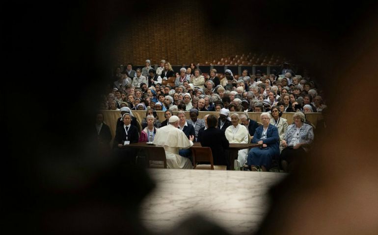 Pope Francis meets with 850 superiors general May 10 at the Vatican, who were in Rome for the plenary assembly of the International Union of Superiors General. Sr. Carmen Sammut, superior general of the Missionary Sisters of Our Lady of Africa and the outgoing president of the UISG, seated next to the pope, gave her address before the pope spoke off-the-cuff, answering a number of questions from the audience. (CNS/Reuters/Vatican Media)