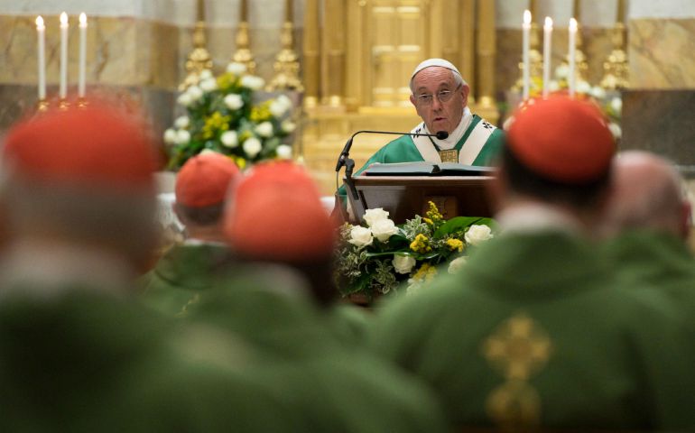 ope Francis speaks as he celebrates Mass with about 50 cardinals in the Pauline Chapel of the Apostolic Palace at the Vatican June 27. The Mass marked the pope's 25th anniversary of his ordination as a bishop. (CNS photo/L'Osservatore Romano)