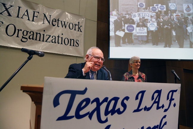 Ernesto Cortès Jr., national co-director of the Industrial Areas Foundation, and Sr. Christine Stephens, national co-director emeritus, lay out the future strategy of Texas' IAF organizations to expand to suburbs, exurbs and smaller cities in the state. (Courtesy of Communities Organizing for Public Service)