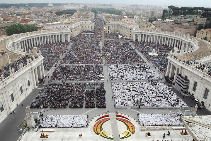 A large crowd is seen as Pope Francis celebrates the canonization Mass for Sts. John XXIII and John Paul II on Sunday in St. Peter's Square at the Vatican. (CNS/Evandro Inetti, pool) 