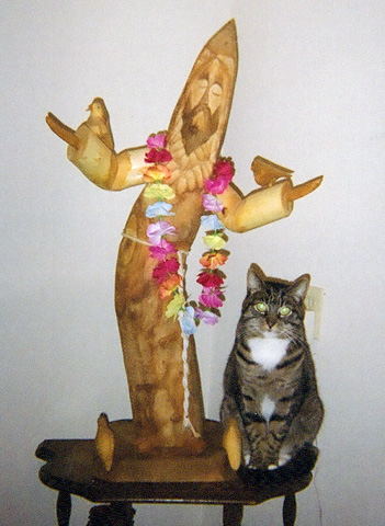 DC the cat sits next to a wooden statue of St. Francis of Assisi (Sharon Abercrombie)