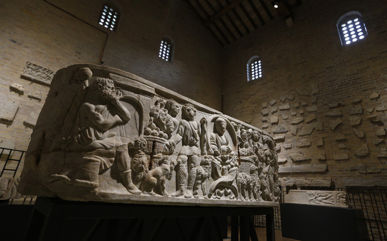 An ancient marble sarcophagus in a new museum in the reconstructed fourth-century Basilica of St. Sylvester above the Catacombs of Priscilla in Rome (CNS/Paul Haring) 